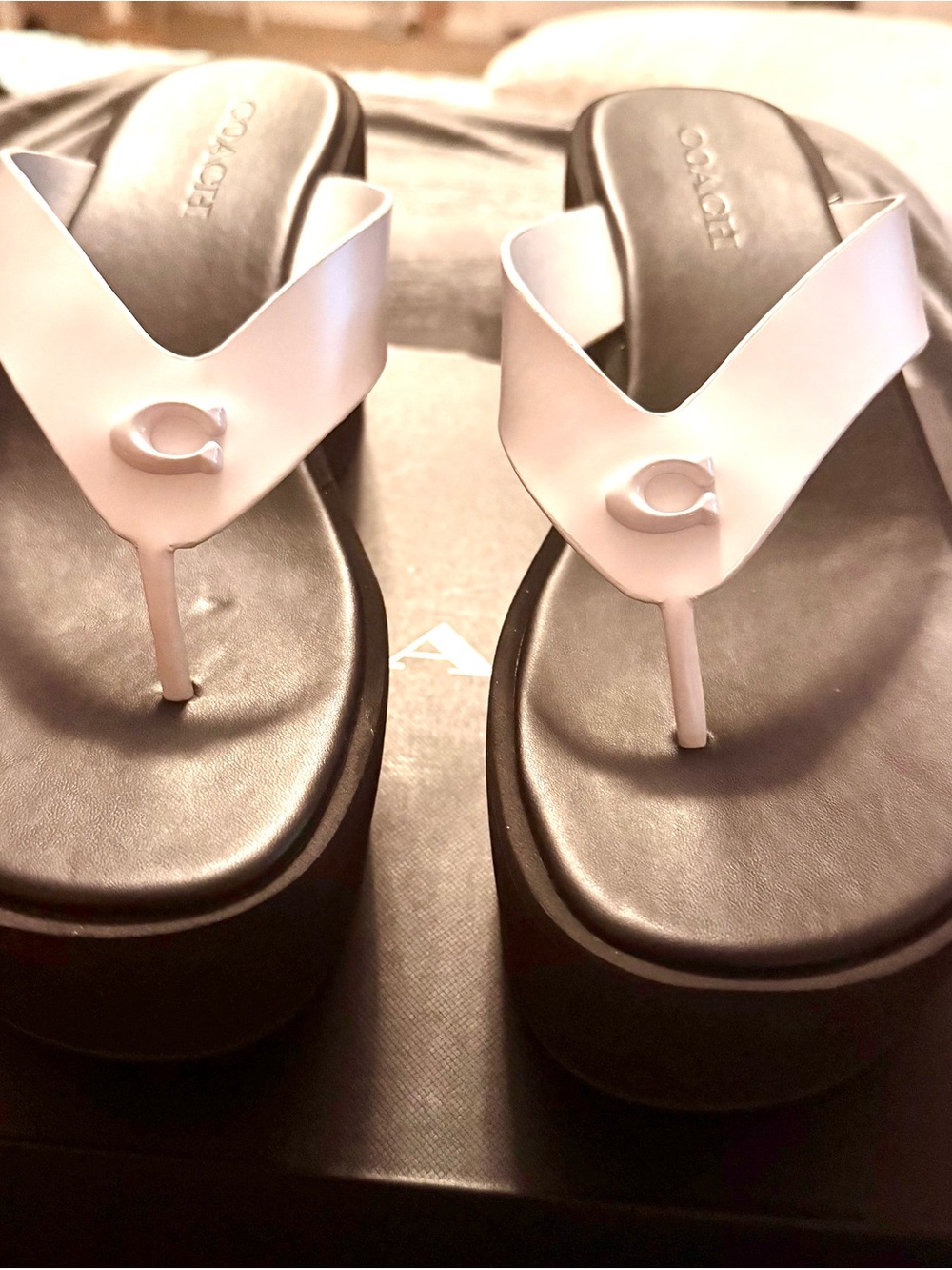 Coach White Leather Platform Thong Sandals with Signature 'C'